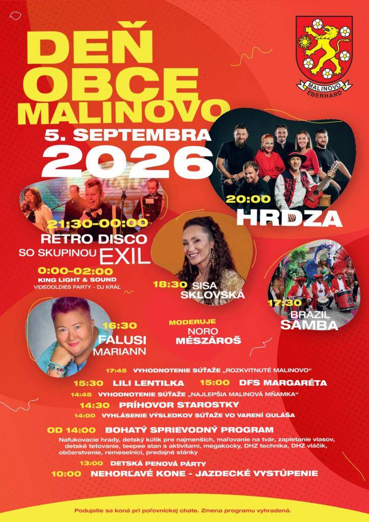 Obec Malinovo vás srdečne pozýva na dni obce, ktoré sa uskutočnia 5. septembra 2026 pri poľovníckej chate v Malinove.