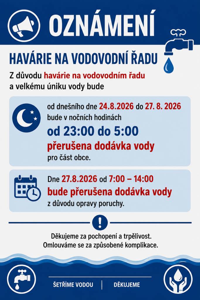 Z důvodu velkého úniku vody se od 24. srpna 2026 dočasně omezí dodávka vody pro část obce. Situační snímek viz příloha.