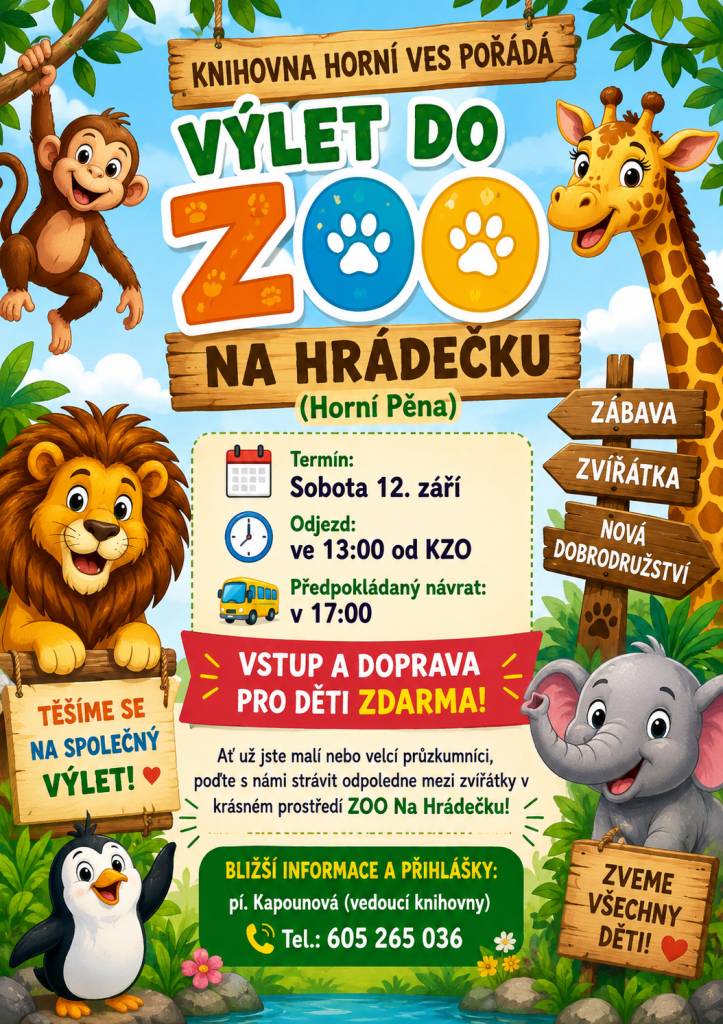 V sobotu 12. září se uskuteční výlet do ZOO Na Hrádečku.