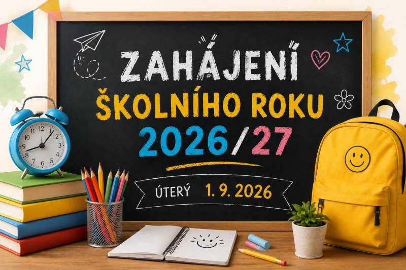 Pravidelná výuka ve školním roce 2026/2027 začne 1. září 2026 v 7.50 v kmenových třídách.   Žáci si s sebou vezmou přezůvky a psací potřeby.