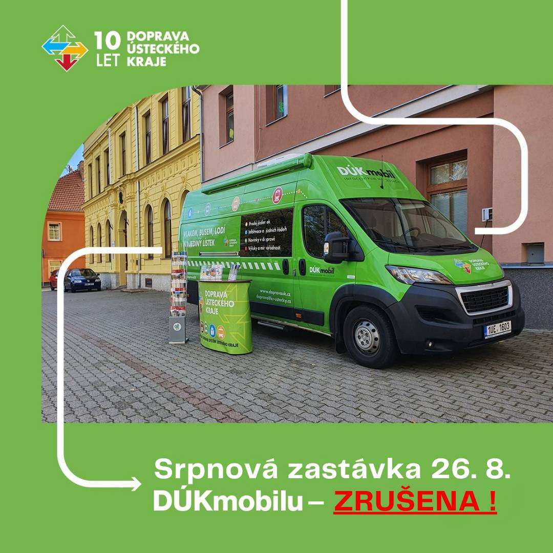 Oznamujeme, že z důvodu poruchy vozu společnosti DÚK je dnešní plánovaná zastávka v Libochovicích ZRUŠENA.
