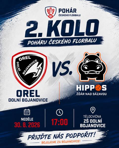 Orel Dolní Bojanovice zve všechny sportovní fanoušky na florbalové utkání druhého kola Poháru českého florbalu. Domácí tým se utká s týmem Hippos Žďár nad Sázavou v neděli 30. srpna od 17 hodin v tělocvičně Základní školy Dolní Bojanovice. Přijďte podpořit naše hráče a užít si pohárovou atmosféru. Těšíme se na vás!