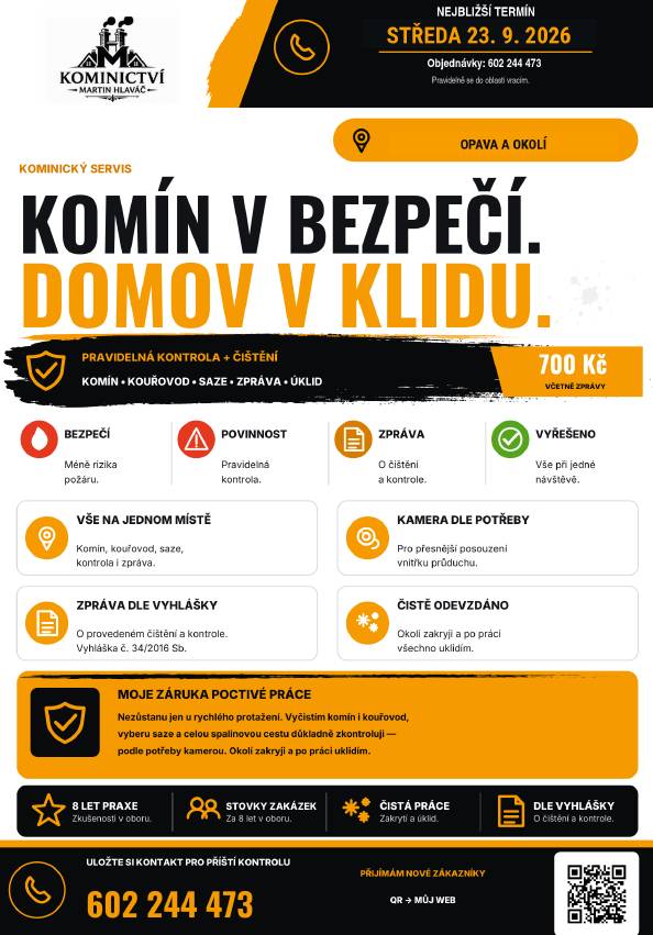 Ve středu 23. září 2026 bude poskytovat kominické služby v Mokrých Lazcích a okolí.