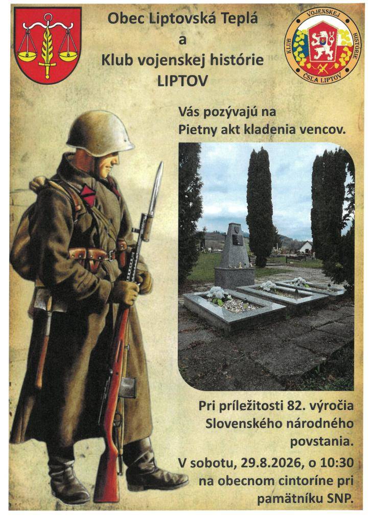 Pozývame Vás na Pietny akt kladenia vencov pri príležitosti 82. výročia Slovenského národného povstania  - v sobotu 29.8.2026 o 10:30 hod.  - na obecnom cintoríne pri pamätníku SNP