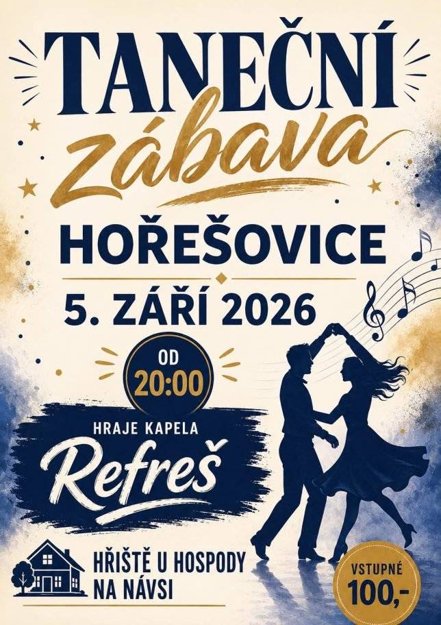 Srdečně vás zveme na taneční zábavu, která proběhne v sobotu 5.9. od 20:00 na hřišti u hospody.  K tanci hraje skupina REFREŠ