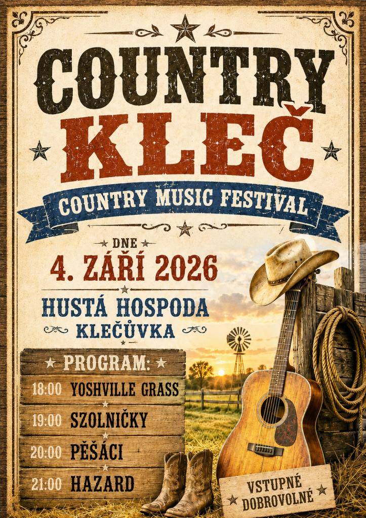 Pozvánka na country music festival v pátek 4. září 2026 v HUSTÉ HOSPODĚ na Klečůvce.