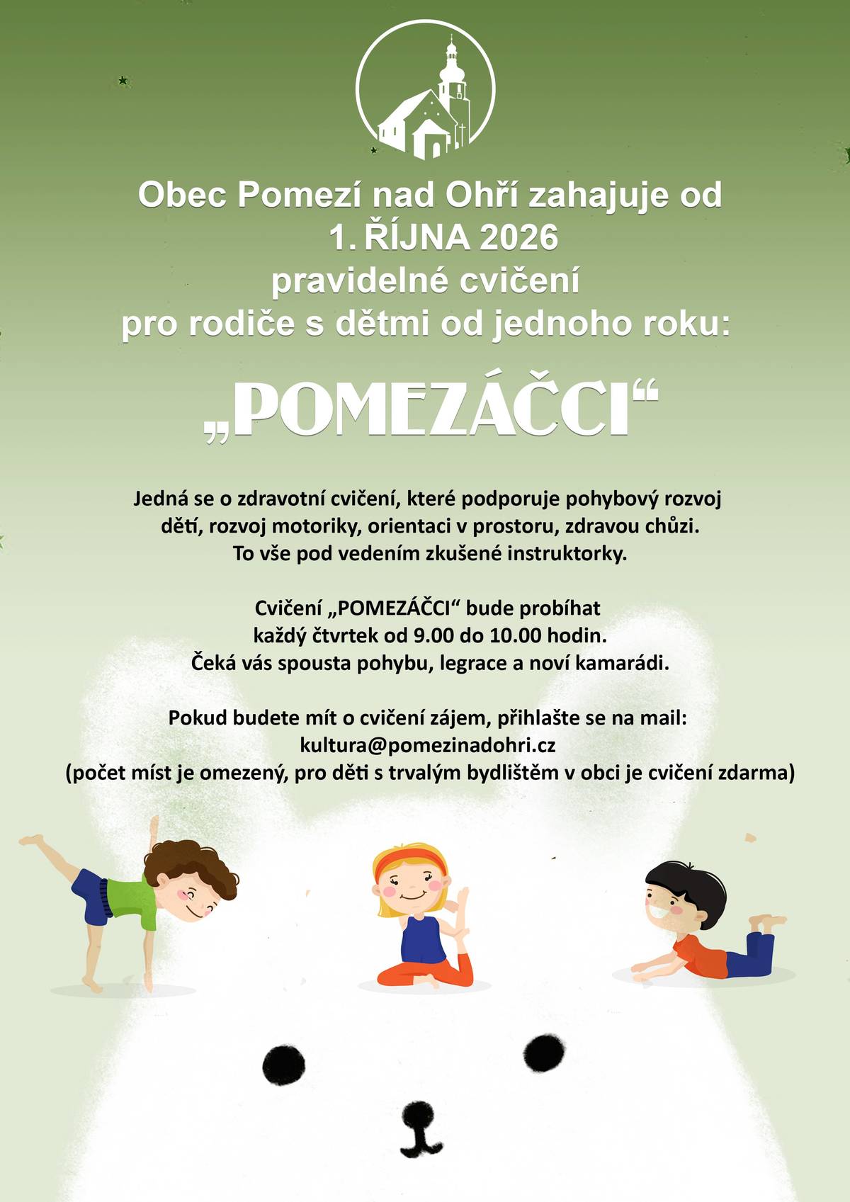Obec Pomezí nad Ohří zahajuje pravidelné cvičení pro rodiče s dětmi "Pomezáčci"