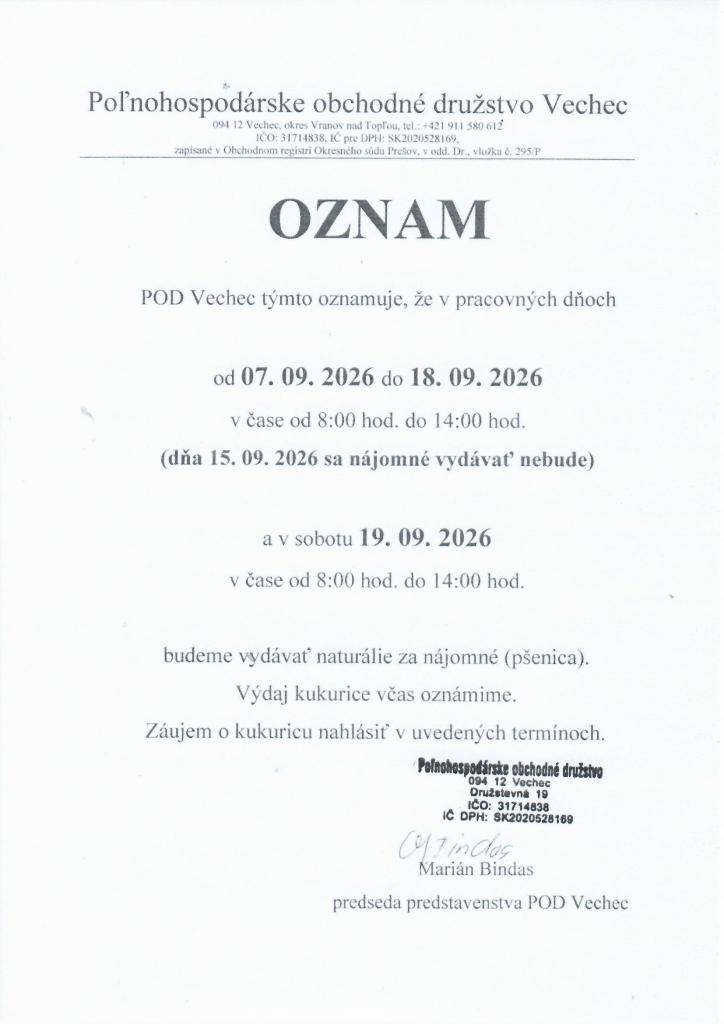 POD Vechec týmto oznamuje...