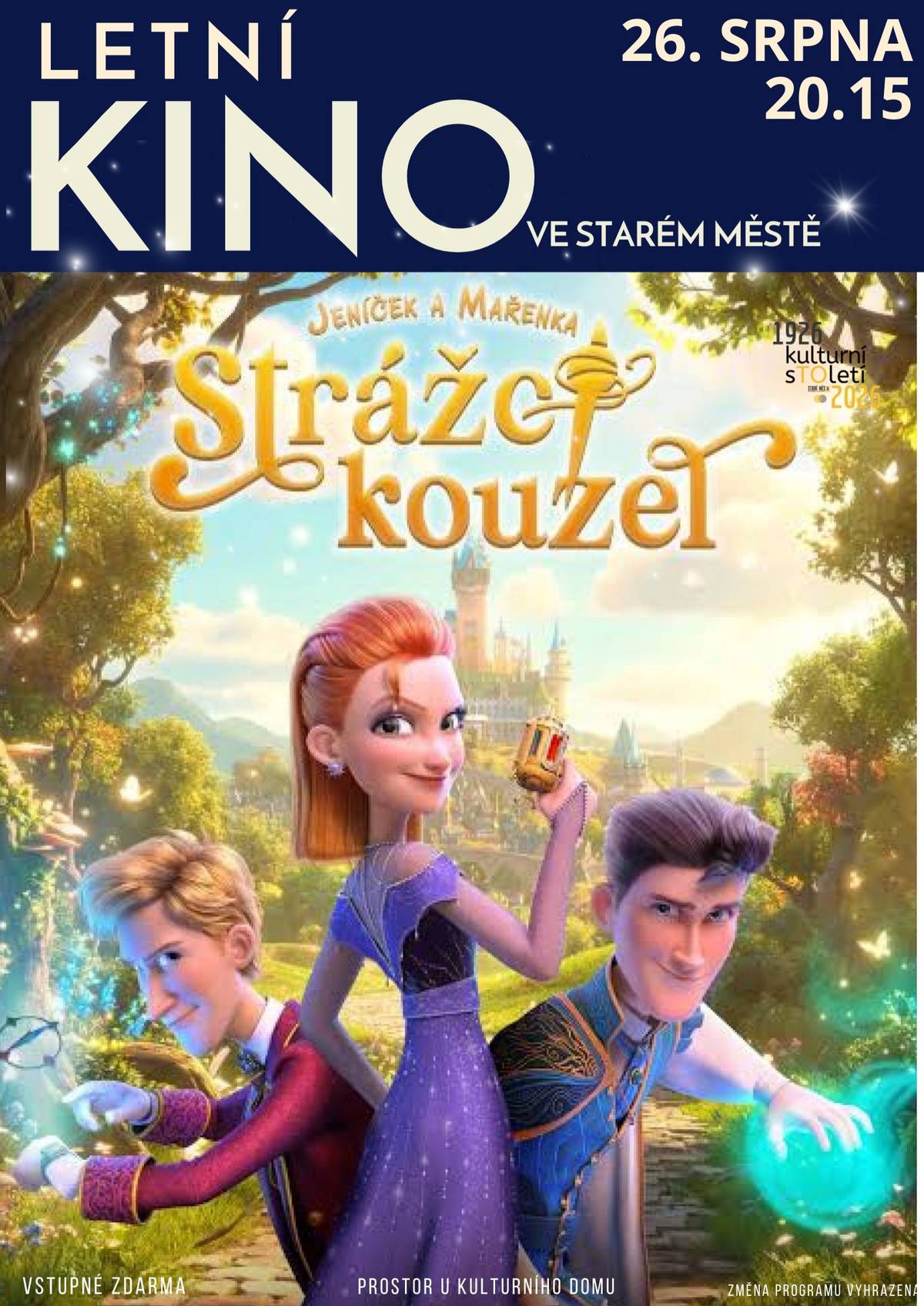 Trocha deště nás možná odradí od koupání, ale rozhodně ne od promítání letního kina. Máme totiž jednu velkou výhodu - Kino Sněžník. A tak dnešní promítání rodinného animovaného filmu Jeníček a Mařenka - Strážci kouzel jednoduše přesuneme pod střechu. Začínáme tedy 20.15 v Kině Sněžník včetně vstupného zdarma a občerstvení. Budeme se na vás těšit!