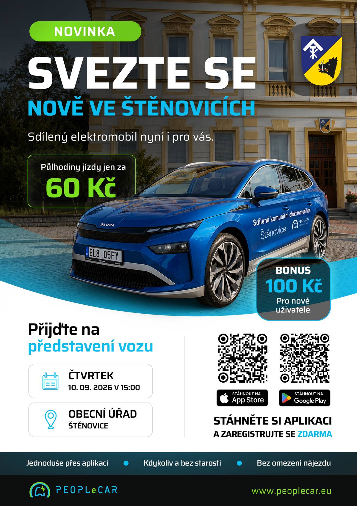 Občané Štěnovic budou moci využívat sdílený elektromobil! Služba se pro veřejnost spustí 10. 9. 2026 a vůz bude k dispozici přímo v naší obci - konkrétně před obecním úřadem.    Půlhodinová jízda vás vyjde na 60 Kč a pro nové uživatele je připraven také bonus 100 Kč. Vše funguje jednoduše přes mobilní aplikaci, bez omezení nájezdu a bez zbytečných starostí.   Jak to celé funguje? Přijďte se podívat na představení služby ve čtvrtek 10. 9. od 15:00 u obecního úřadu. Vůz si budete moci prohlédnout a zároveň se dozvíte vše potřebné k používání služby.