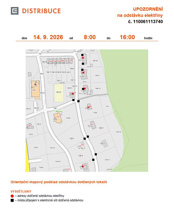 ČEZ Distribuce oznamuje plánované přerušení dodávky elektrické energie v Mostku dne 14 září 2026. Výpadek potrvá od 8:00 do 16:00 hodin.