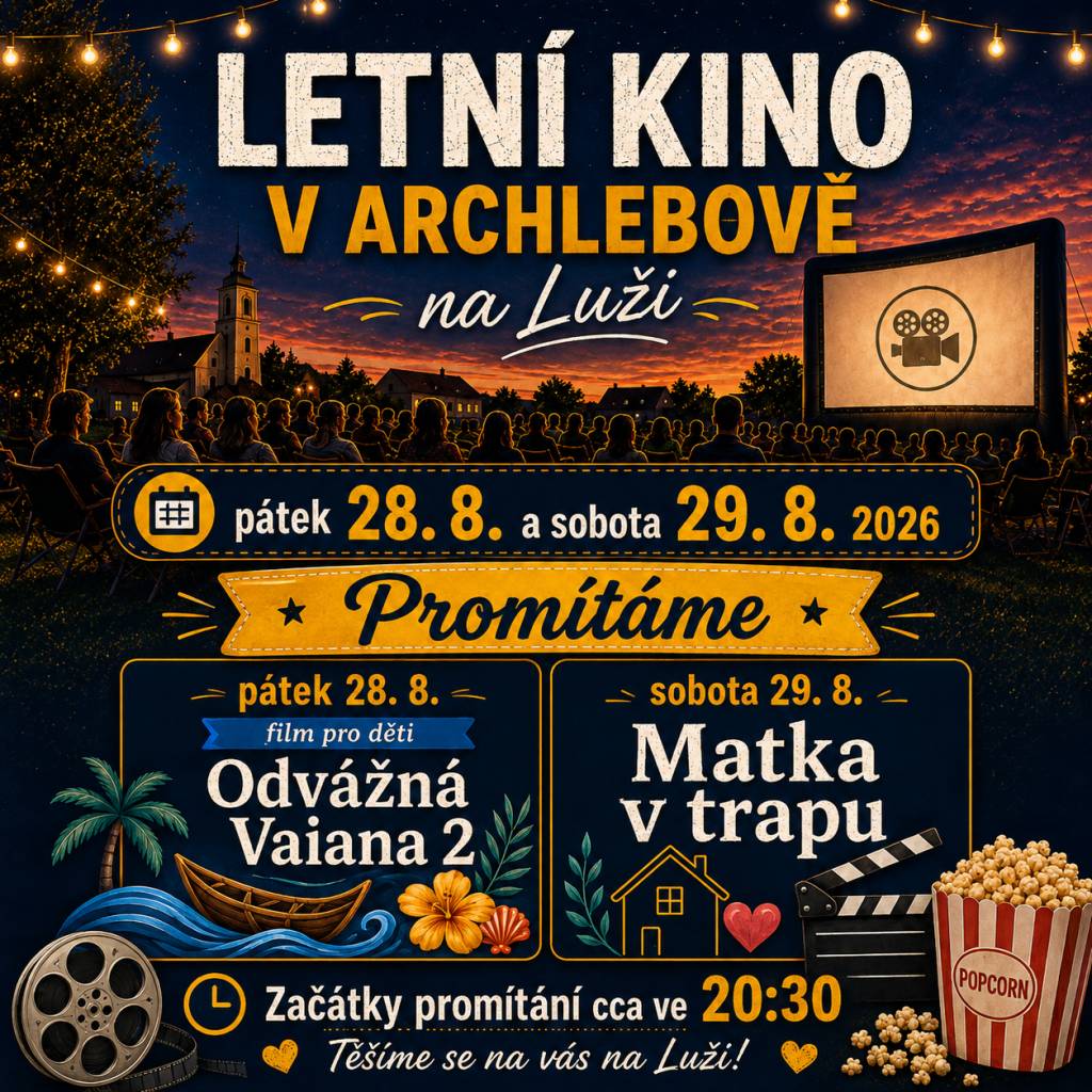 Na závěr prázdnin vás zveme na další dva filmové večery pod širým nebem na Luži.  V pátek 28. srpna budeme promítat rodinný animovaný film pro děti i dospělé Odvážná Vaiana 2, v sobotu 29. srpna českou komedii Matka v trapu. Začátky promítání budou přibližně ve 20:30 hodin, podle světelných podmínek