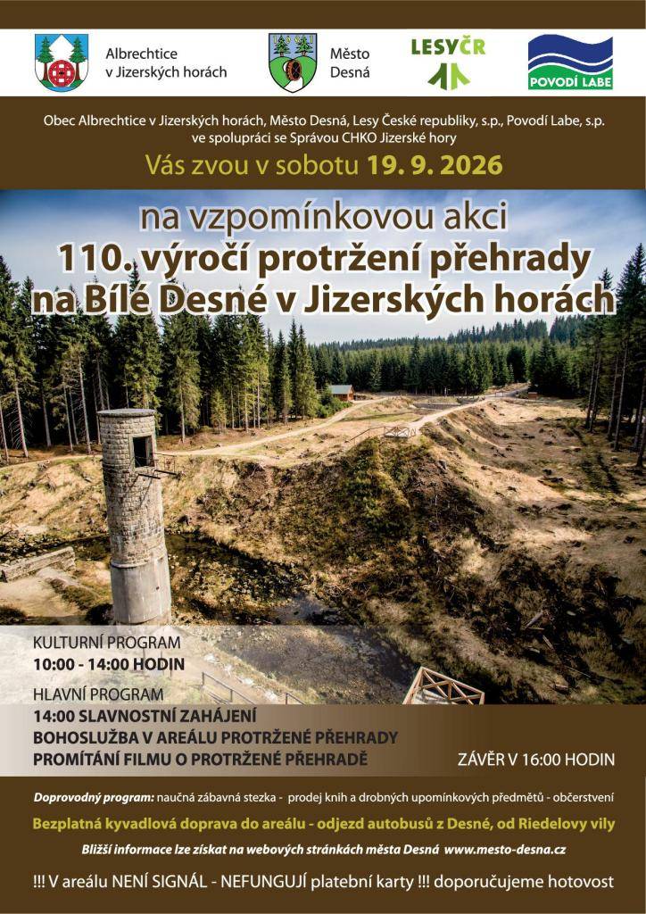 Obec Albrechtice v Jizerských horách, město Desná, Lesy České republiky a Povodí Labe ve spolupráci se Správou CHKO Jizerské hory zvou na vzpomínkovou akci, která se uskuteční v sobotu 19. září 2026 v areálu Protržené přehrady na Bílé Desné.