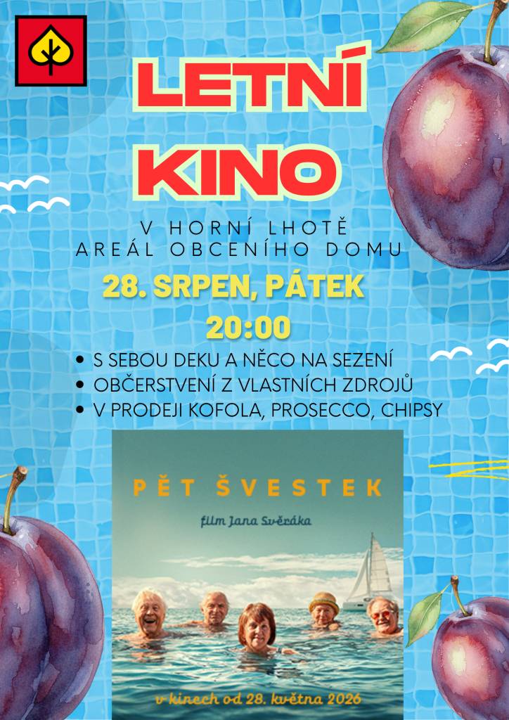 Už tento pátek 28.8. od 20:00 v areálu za Obecním domem promítáme českou filmovou komedii Jana Svěráka PĚT ŠVESTEK.   Přijďte si užít jeden z posledních prázdninových letních večerů pod širým nebem!