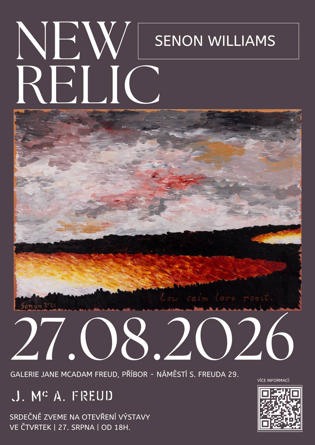 Galerie Jane McAdam Freud představí ve čtvrtek 27. srpna od 18 hodin výstavu New Relic, jejímž autorem je rezidenční umělec Senon Williams.     Výstava vznikla v rámci mezinárodního programu Freud Artist Residency (F.A.R.) a propojuje současné umění s odkazem Jane McAdam Freud a psychoanalytickým dědictvím Sigmunda Freuda. Výstava představuje nový soubor prací Senona Williamse, který vznikl během jeho rezidenčního pobytu v Londýně, Vídni a Příboře. Ve spolupráci s kurátorkou pozůstalosti Jane McAdam Freud Georgiou Powell byly do instalace zařazeny také vybrané práce Jane McAdam Freud, čímž vzniká dialog mezi tvorbou obou autorů. Součástí výstavy je rovněž film Tilt Horizon, vytvořený ve spolupráci s Tabbertem Fiilerem. Freud Artist Residency (F.A.R.) založila pozůstalost Jane McAdam Freud v roce 2023 s cílem podporovat současné umělce, jejichž tvorba navazuje na odkaz Jane McAdam Freud a zkoumá vztah mezi uměním a  psychoanalýzou. Program vznikl ve spolupráci s Freud Museum London, Sigmund Freud Museum Vienna a Galerií Jane McAdam Freud v Příboře. Rezidenční umělci během programu pracují s archivními materiály, sbírkami i historií jednotlivých institucí a výsledky své práce představují právě v těchto třech městech. Výstava New Relic potvrzuje rostoucí význam Galerie Jane McAdam Freud jako mezinárodního centra současného umění, které propojuje uměleckou tvorbu, výzkum a psychoanalytické myšlení. Galerie tak pokračuje v naplňování odkazu Jane McAdam Freud a vytváří prostor pro mezinárodní spolupráci mezi umělci, kurátory a kulturními institucemi. Více informací o galerii, výstavách a rezidenčním programu naleznete na: www.janemcadamfreudgallery.com.