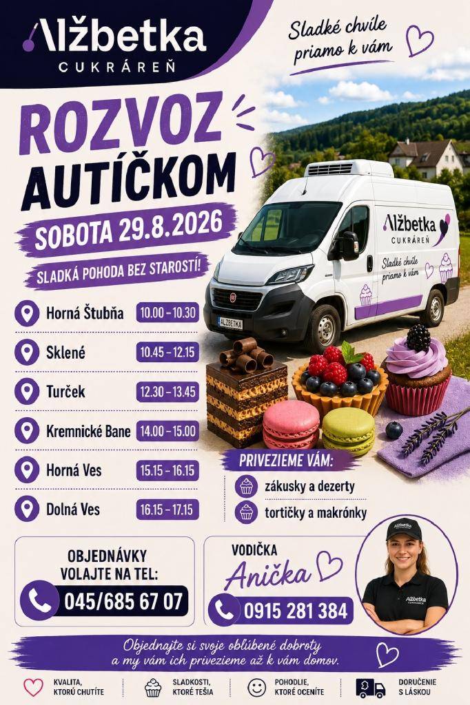Cukráreň Alžbetka ponuka rozvoz zákuskov po obci