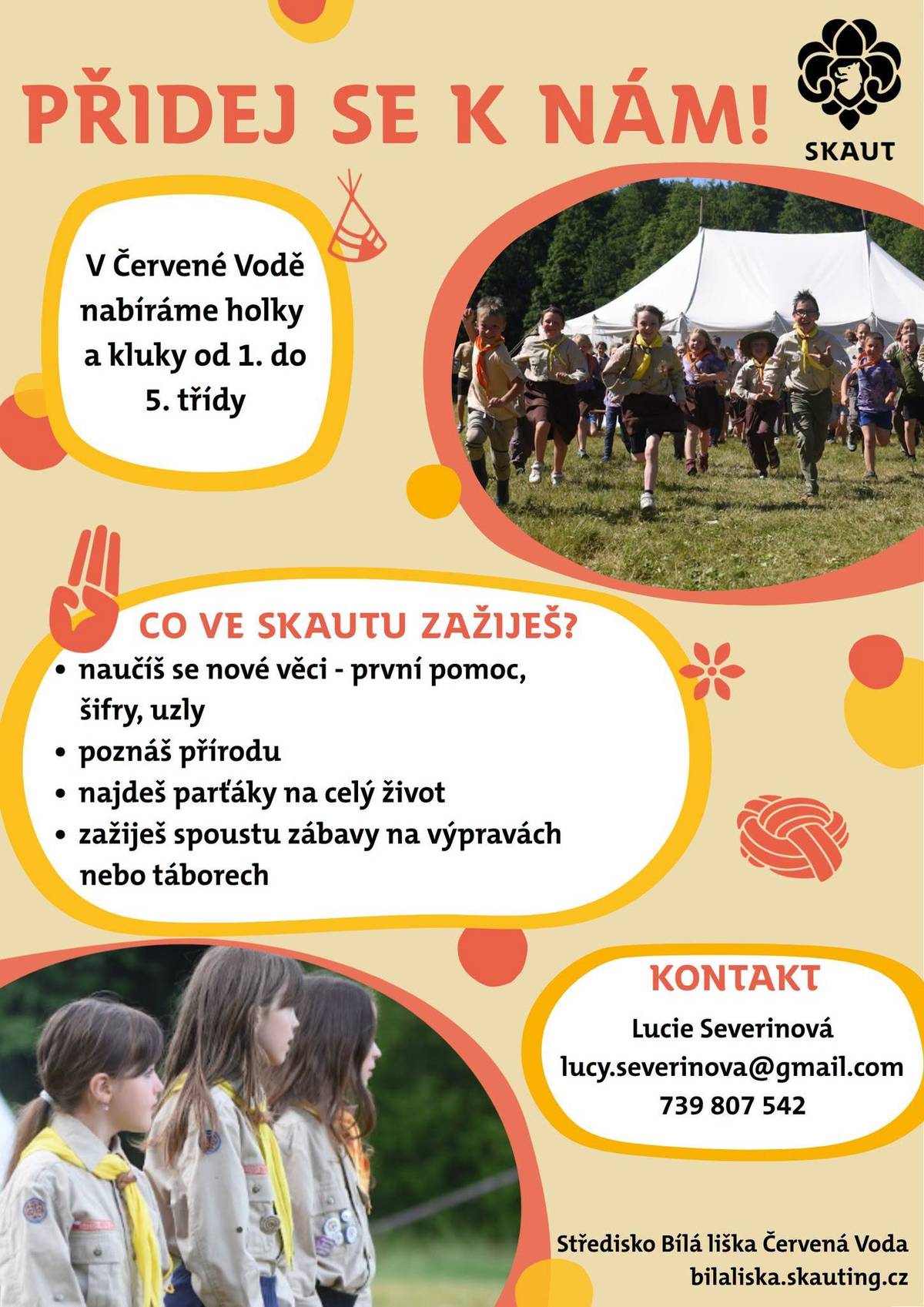 Máte doma malého dobrodruha nebo dobrodružku? Středisko Bílá liška Červená Voda právě nabírá holky a kluky od 1. do 5. třídy. Děti čeká spousta zážitků – výpravy a tábory 🏕️, poznávání přírody, první pomoc, šifry, uzly i další praktické dovednosti. A hlavně noví kamarádi a parta, se kterou zažijí spoustu dobrodružství.  📩 Více informací najdete na přiloženém letáčku nebo na bilaliska.skauting.cz. 👉 Budeme rádi za sdílení, ať se nabídka dostane k co nejvíce dětem a rodičům, které by mohla zaujmout. 😊