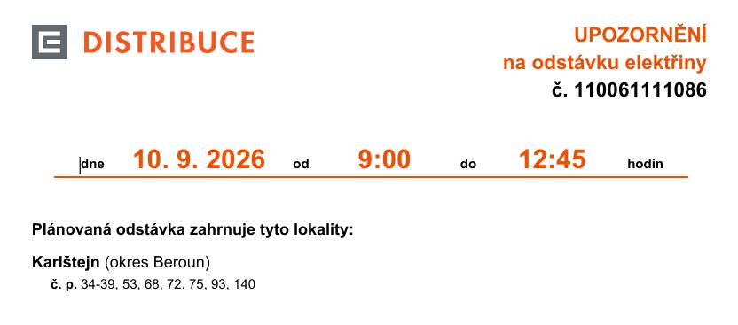 Odstávka dodávky elektřiny 12.9.2026