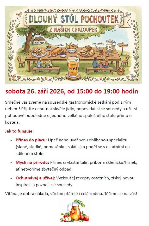 Zveme vás na sousedské gastronomické setkání pod širým nebem, které se koná v sobotu 26. září 2026 u kostela od 15:00 do 19:00 hodin.