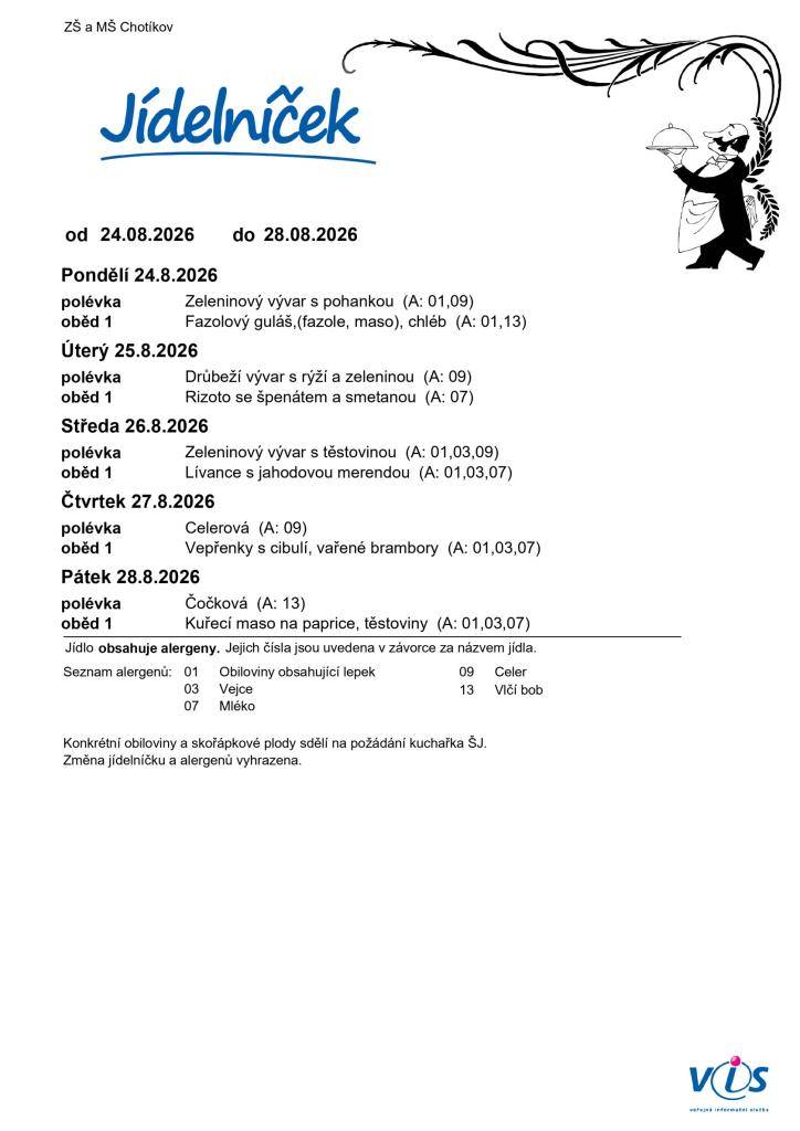 Jídelní lístek ZŠ a MŠ Chotíkov na týden 24. 08. 2026 - 28. 08. 2026.