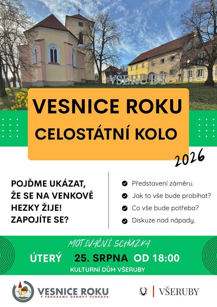 Vážení spoluobčané, sousedé a kamarádi,  v úterý 25. 8. v 18:00 se sejdeme v KD, kde společně probereme detaily a přípravy na celostátní kolo.    Občerstvení bude zajištěno.    Předem všem děkujeme za účast a těšíme se na vás!