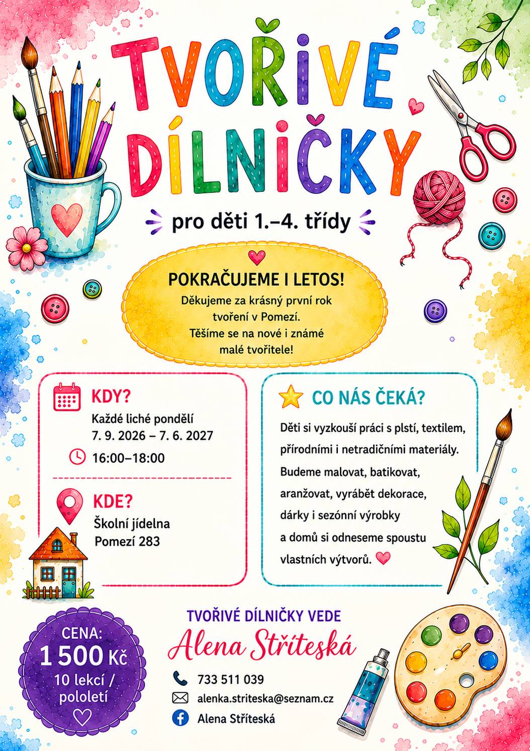 Těšíme se na nové i známé tvořitele ;) Kapacita je omezena, pokud uvažujete o účasti, prosím ozvěte se raději dříve, než se kroužek zaplní.  Dekuji a těšíme se 🤩 Alena Stříteská