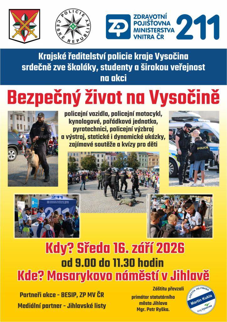 Krajské ředitelství policie kraje Vysočina srdečně zve širokou veřejnost, na akci s názvem „Bezpečný život na Vysočině“, která se uskuteční ve středu 16. září 2026 v Jihlavě. Od 14:30 hodin se v Parku Gustava Mahlera na Benešově ulici v Jihlavě uskuteční promenádní koncert Hudby Hradní stráže a PČR.