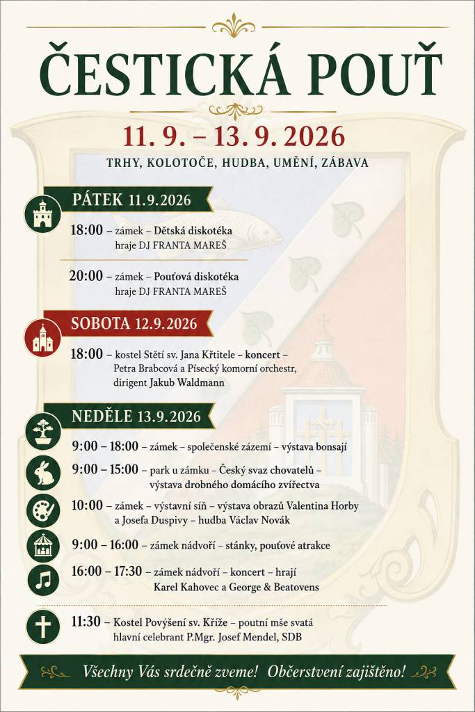 Městys Čestice Vás srdečně zve na kulturní program pořádaný u příležitosti konání Čestické pouti ve dnech 11.9 až 13.9 2026.