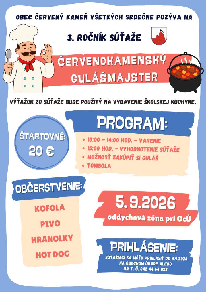 Obec Červený Kameň pozýva na 3. ročník súťaže Červenokamenský gulášmajster.