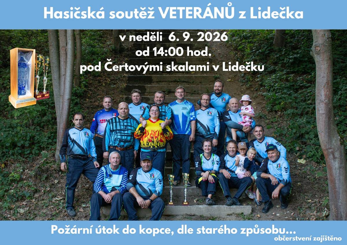 SDH Lidečko vás srdečně zve již tradičně první zářijovou neděli 6. září 2026 od 14:00 hodin pod Čertovy skály, kde se uskuteční letos již 13. ročník hasičské soutěže "O putovní pohár veteránů z Lidečka". Občerstvení zajištěno. Srdečně vás zvou hasiči z Lidečka.