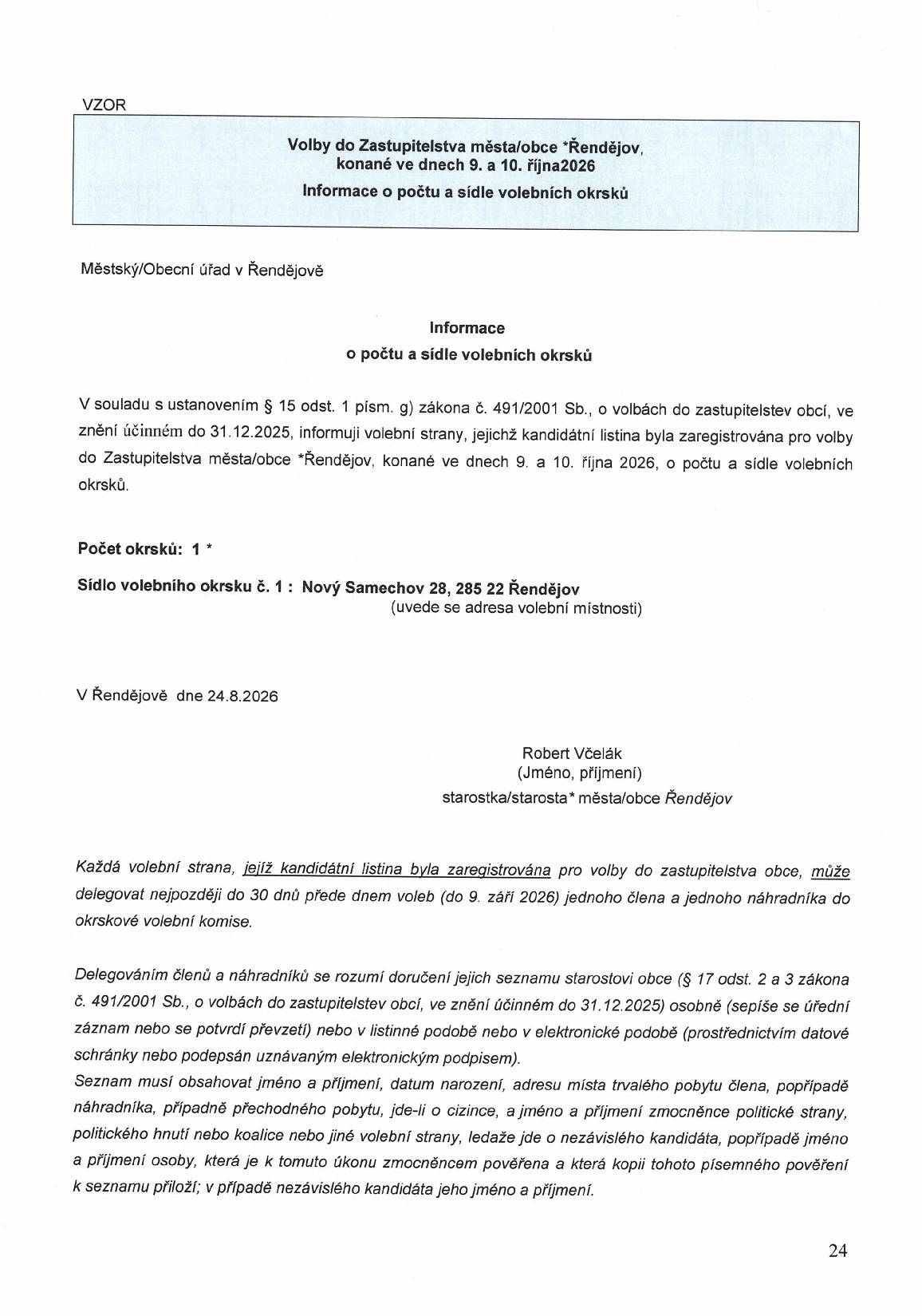 Informace o počtu a sídle volebních okrsků