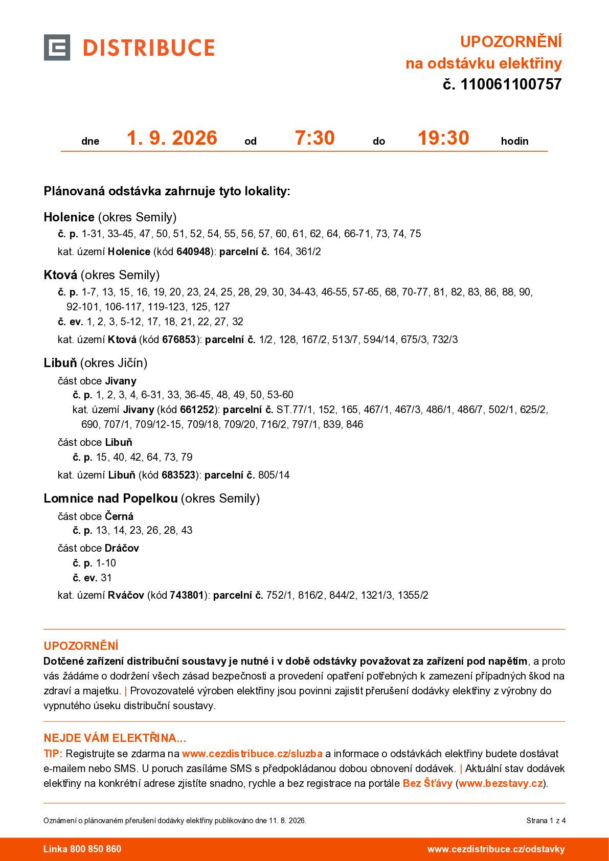 CEZ Distribuce informuje o plánované odstávce 1.9.2026 Viz přiložený dokument, více stran včetně mapky