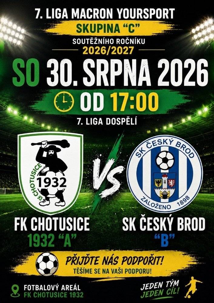 Vážení ⚽️ fotbaloví příznivci,    💛💚 FK Chotusice 1932 💛💚 vás tímto zve na následující domácí mistrovská utkání soutěžního ročníku 2026/2027:   ⚽️SO 29. srpna 2026 od 10:00 ČFL ženy / FK Chotusice 1932 - ABC Braník "B" ⚽️NE 30. srpna 2026 od 17:00 7. liga dospělí / FK Chotusice 1932 "A" - SK Český Brod "B"    Těšíme se na vaši podporu v novém soutěžním ročníku a vaši účast👏💪💛💚    Občerstvení zajištěno !!!   💛💚 FK Chotusice 1932 💛💚