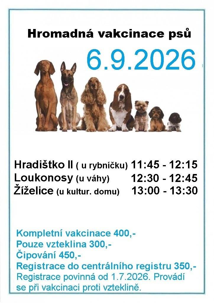 Dne 6. 9. 2026 proběhne hromadná vakcinace psů. Zároveň, s ohledem na novou legislativu, je nově nutné, aby chovatel zaregistroval psa do centrální evidence psů. Formulář k vyplnění je dostupný na webových stránkách obce nebo na obecním úřadě.