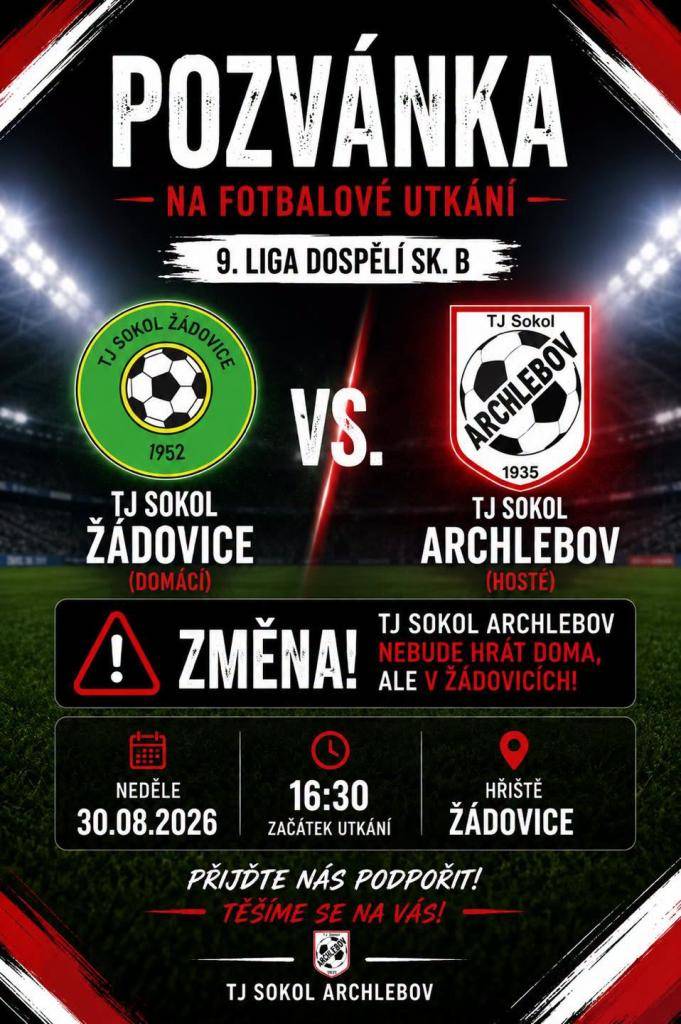 TJ Sokol Archlebov srdečně zve příznivce kopané na mistrovské utkání Žádovice - Archlebov, které se odehraje v neděli 30. 8. v 16:30 hod. na hřišti v Žádovicích