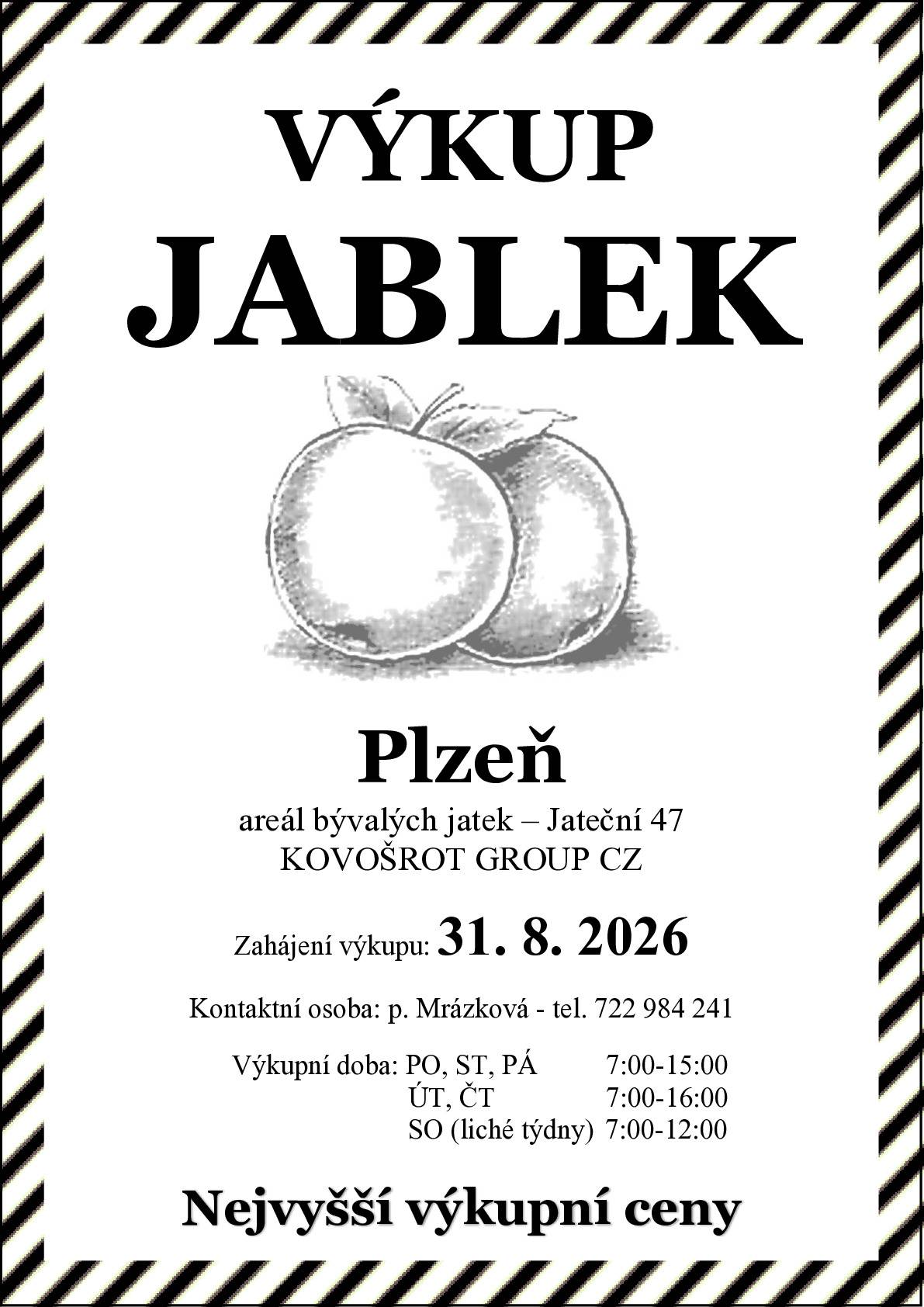 Výkup jablek v Plzni začíná 31.8.2026 v areálu bývalých jatek Kovošrot Group CZ, Jateční 47.