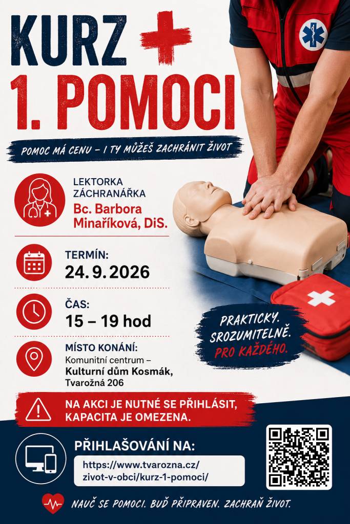 Zveme Vás na kurz první pomoci, který je určen pro širokou veřejnost a seznámí Vás s nejdůležitějšími akutními stavy. Naučíte se zde např. jak pomoci při infarktu, těžkém úrazu, zástavě srdce, jak zastavit krvácení atd. Součástí je nezbytný nácvik základních dovedností na cvičném modelu.