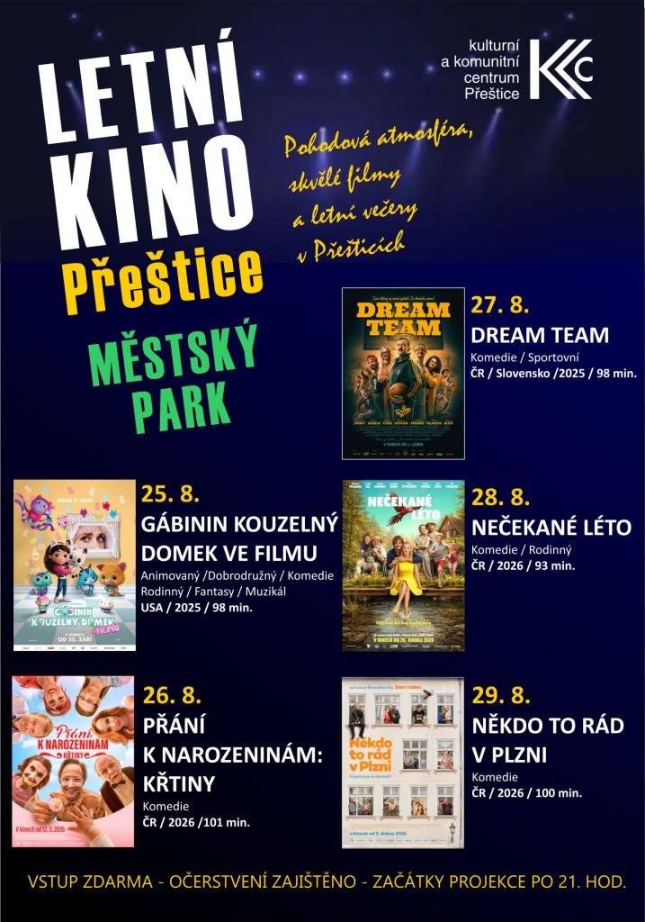 Užijte si letní filmové večery. Od 25. do 29. srpna se promítá v amfiteátru ve vnitrobloku. Začátky vždy po 21:00.