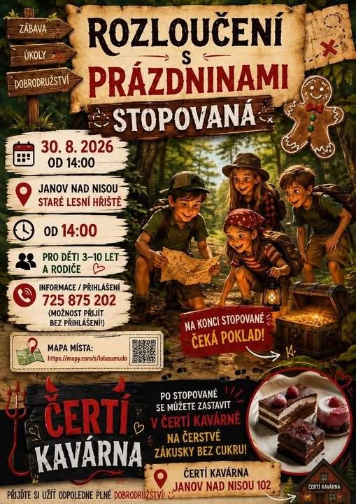 Přijďte v neděli od 14:00 na zábavné odpoledne kolem Starého lesního hřiště v Janově nad Nisou!   Čeká vás edukativní stopovačka pro děti, zaměřená na třídění odpadu a zdravé stravování . Děti čekají úkoly, hledání a spousta zábavy v přírodě.   A kdo za tím vším stojí? Desetiletý Adam! Celou stopovačku vymyslel, připravil a organizuje. Baví ho vymýšlet program pro děti a tentokrát si připravil něco, co je nejen zábavné, ale i trochu naučné.   Po stopovačce nás čeká jeho „kavárna“ v Janově nad Nisou 102, kde bude připravené kafíčko a zdravé zákusky – většina z nich jsou Adámkovy vlastní výrobky.   Budeme moc rádi, když přijdete Adámka podpořit a společně si užijeme příjemné nedělní odpoledne.   Janov nad Nisou – okolí Starého lesního hřiště Start: neděle od 14:00 Pro děti a jejich rodiče Téma: třídění odpadu a zdravá strava   Těšíme se na vás!