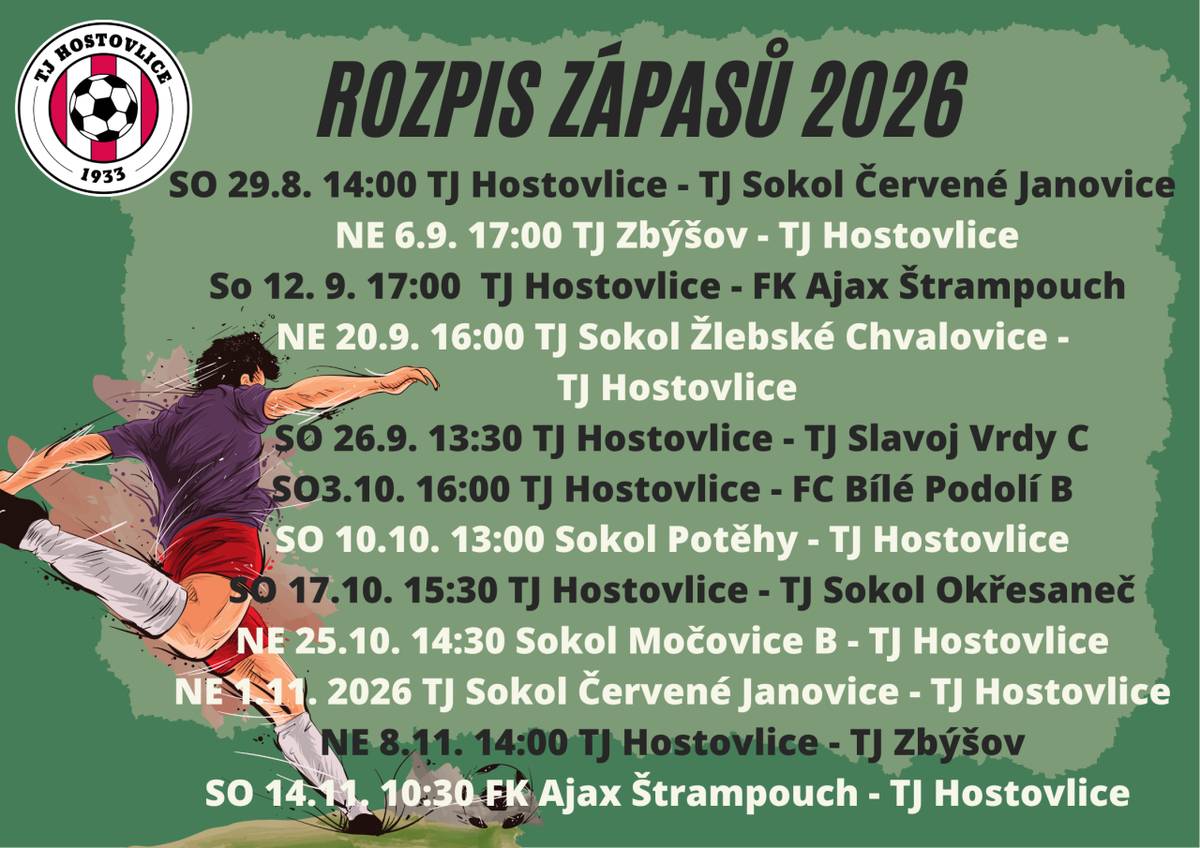 TJ Hostovlice zve všechny fanoušky na rozpis zápasů sezóny 2026.