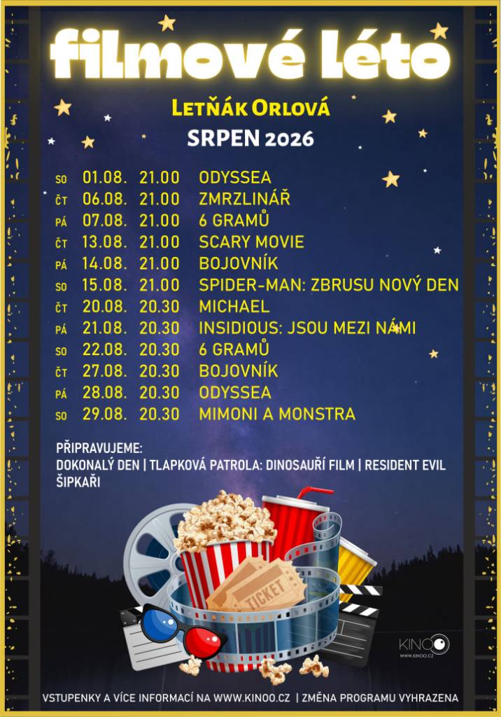 Filmové léto v Orlové po celé léto přinášelo novinky, komedie, akční filmy i rodinné projekce. Ještě několik promítacích večerů je ale před námi.  Ve čtvrtek 27. srpna promítne Letňák Orlová dramatický film Bojovník.   V pátek 28. srpna se můžete těšit na filmové zpracování řecké básně Odyssea, kterou napsal Homér a která v...