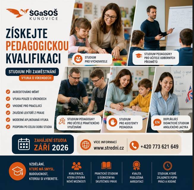 Soukromé gymnázium, Střední odborná škola a Jazyková škola Kunovice vyhlašuje 4.kolo přijímacího řízení pro školní rok 2026/2027. Uchazeči se mohou hlásit do denní i kombinované formy studia. Informace lze získat na www.stredni.cz nebo na tel čísle 773 621 649, počet přijímaných uchazečů - omeze