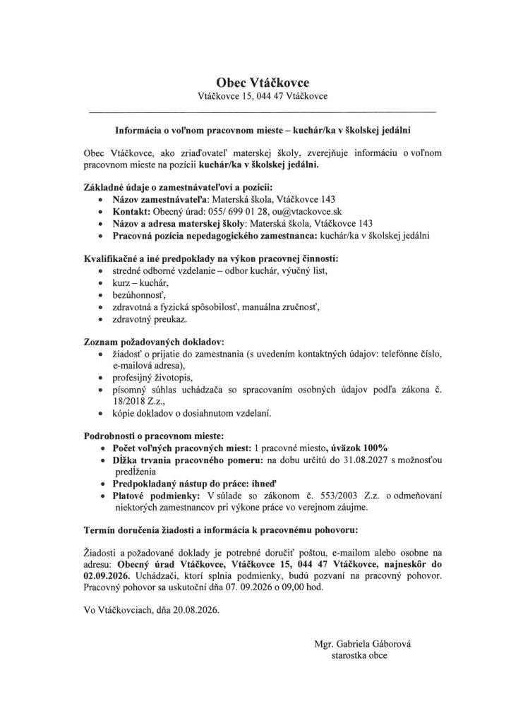 Informácia o voľnom pracovnom mieste
