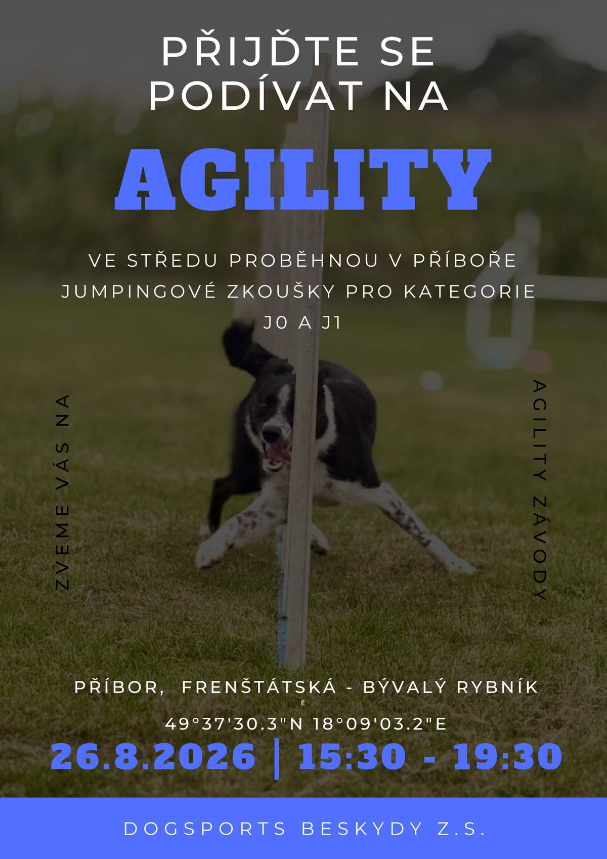 Ve středu 26. srpna 2026 se v Příboře uskuteční agility zkoušky, které nabídnou divákům možnost nahlédnout do světa tohoto atraktivního kynologického sportu. Akce proběhne od 15:30 do 19:30 hodin na nově vybudovaném agility cvičišti v lokalitě bývalého rybníku na Frenštátské ulici. Návštěvníci se mohou těšit na jumpingové zkoušky v kategoriích JO a J1, při nichž budou psi za doprovodu svých psovodů překonávat překážkovou dráhu. Agility je sport založený na rychlosti, přesnosti a především na sehranosti psa a člověka. Pro diváky je atraktivní nejen rychlost jednotlivých běhů, ale také způsob, jakým psovod svého psa na trati vede. Za vznikem nového cvičiště stojí Dogsports Beskydy z. s., nově vzniklý sportovně-kynologický spolek se sídlem v Příboře. Jeho cílem je sdružovat aktivní majitele psů a rozvíjet v Příboře moderní kynologické sporty, především agility a canicross. Spolku se v letošním roce podařilo v Příboře otevřít nové agility cvičiště. Na něm mají pod vedením kvalifikované trenérky probíhat pravidelné tréninky určené jak členské základně, tak veřejnosti. Cvičiště tak může nabídnout prostor nejen pro sportovní vyžití, ale také pro smysluplnou práci se psy a jejich socializaci. Agility přitom není jen o sportovním výkonu. Správné vedení psa, společný trénink a socializace mohou podle spolku přispět také k bezproblémovému soužití lidí a psů ve městě. Zároveň má nová aktivita rozšířit možnosti sportovního a volnočasového vyžití obyvatel Příbora a podpořit zdravý životní styl. Město Příbor podpořilo spolek finančním darem ve výši 10 000 Kč na úhradu nákladů spojených s dovybavením nově vybudovaného agility cvičiště v Příboře. „Jsme rádi, že v Příboře vznikají nová místa pro sportovní a volnočasové aktivity a že se zde mohou rozvíjet i méně tradiční sportovní disciplíny. Agility je krásným příkladem aktivity, která spojuje pohyb, práci se zvířaty a společné trávení času,“ uvedla Iveta Busková, vedoucí kanceláře vedení města a školství.
