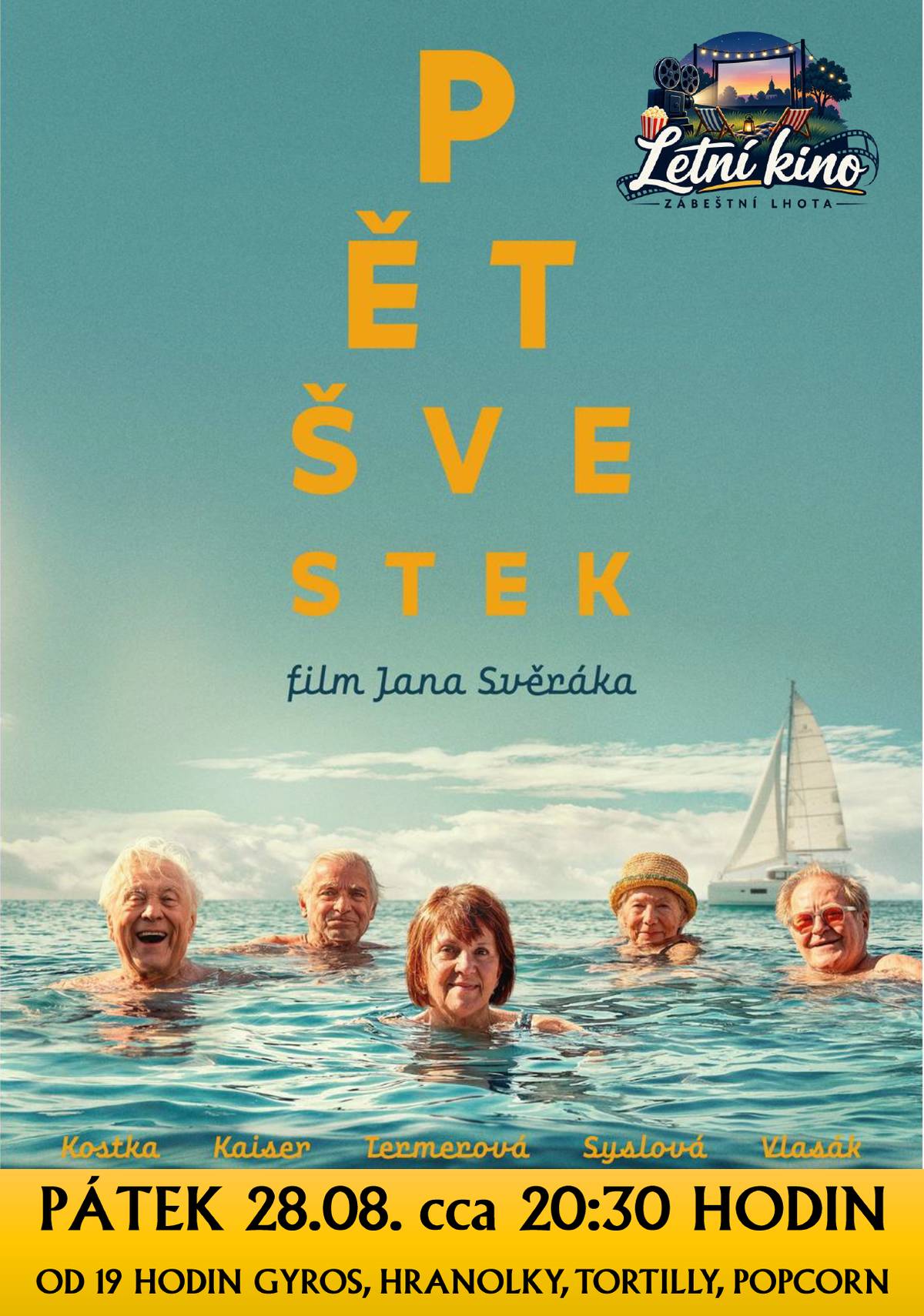 Letošní poslední hlasování o výběr filmu na letní kino bylo velmi vyrovnané a již tento pátek 28.08. se můžete těšit na film Jana Svěráka "Pět švestek" (2026) v hlavních rolích s Oldřichem Kaiserem, Lenkou Termerovou, Janem Vlasákem, Petrem Kostkou a Danou Syslovou. Promítat budeme cca od 20:30 hodin. Již od 19 hodin pro vás bude připraveno občerstvení - gyros, hranolky, tortilly i domácí popcorn. Těšíme se na Vás již tento pátek na výletišti V dole!