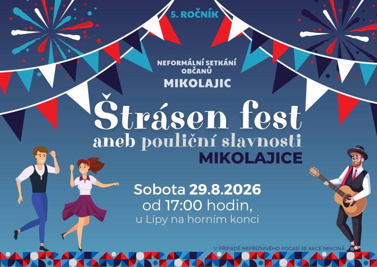 Zveme všechny občany Mikolajic a rodáky na tradiční Štrásen fest.  Těšit se můžete na samoobslužný výčep ????, oheň na opékání čehokoliv ???????? a pro děti skákací hrad ????.  Hlavně bude super nálada,  jako vždycky ????
