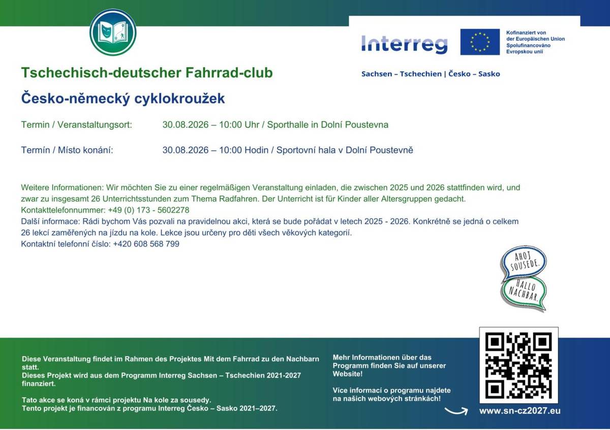 Česko-německý cyklokroužek  30. 8. 2026 v 10:00 hodin  Sraz u Sportovní haly v Dolní Poustevně