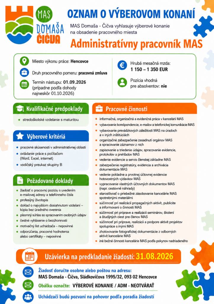 Pracovná pozícia Administratívny pracovník MAS