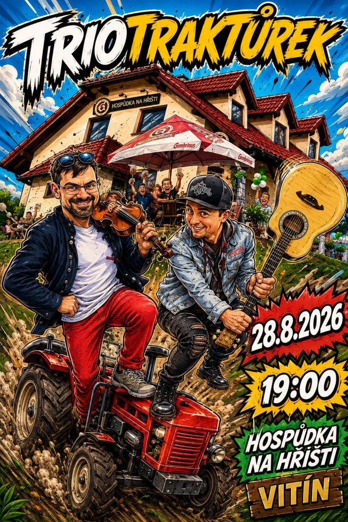 Tento pátek, tj. 28.8.2026, od 19:00 bude ve Vitíně na hřišti probíhat zábava s kapelou TRIOTRAKTŮREK (viz. plakát). Občerstvení zajištěno (pití, bramborák, klobása, apod.). Všichni jste srdečně zváni.