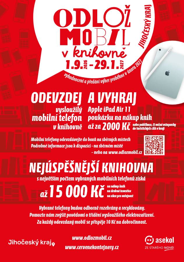 Odložit vysloužilý mobilní telefon k recyklaci můžete v obecní knihovně v Olešníku, popř. v kanceláři OÚ Olešník a to od 1. 9. 2026 - 29. 1. 2027 a zapojit se tak do soutěže!